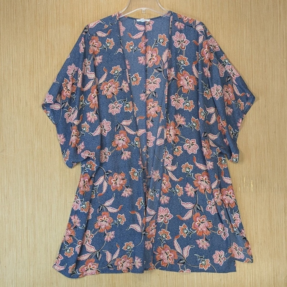 Maurices Boho‎ Peasant Floral Kimono Wrap Open Front Cardigan Size 2/3 Blue Pink